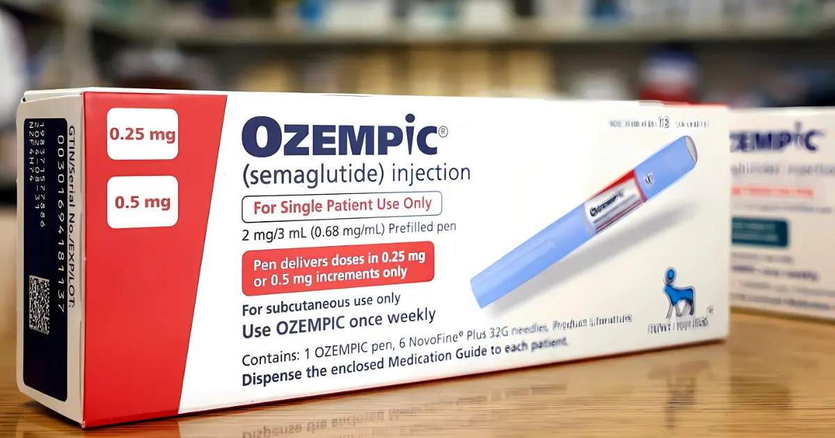 Ozempic side effects before and after comparison photos showing patient facial changes, hair loss, and physical deterioration with warning symbols and medical emergency alerts