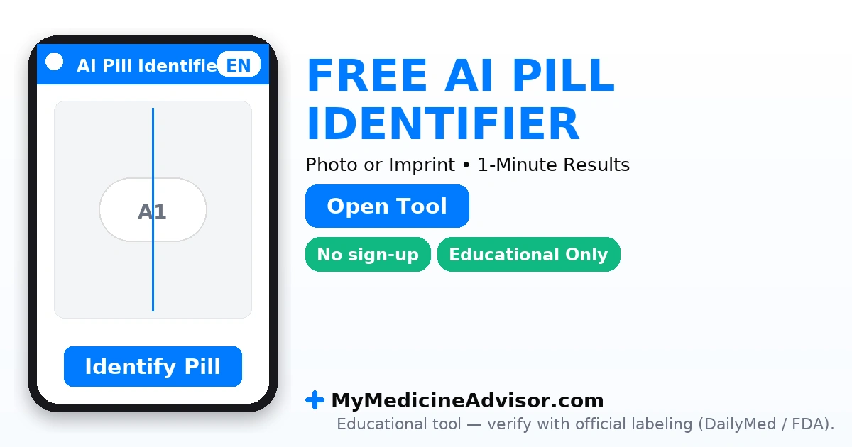 AI Pill Identifier scanning a tablet — identify pills by photo or imprint in 1 minute; free, no sign-up; educational tool by My Medicine Advisor
