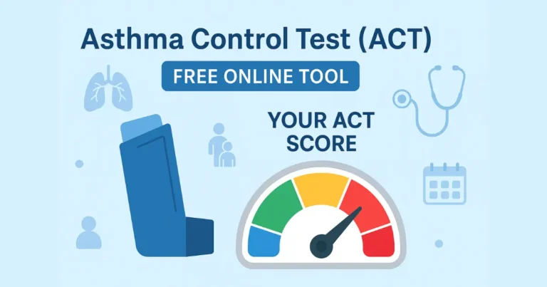 Asthma Control Test (ACT) free online tool with inhaler illustration, stethoscope, lungs, calendar, and color-coded score gauge meter for instant asthma assessment