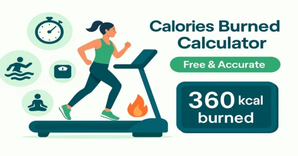 Calories Burned Calculator – person running on treadmill with 360 kcal burned display and fitness activity icons