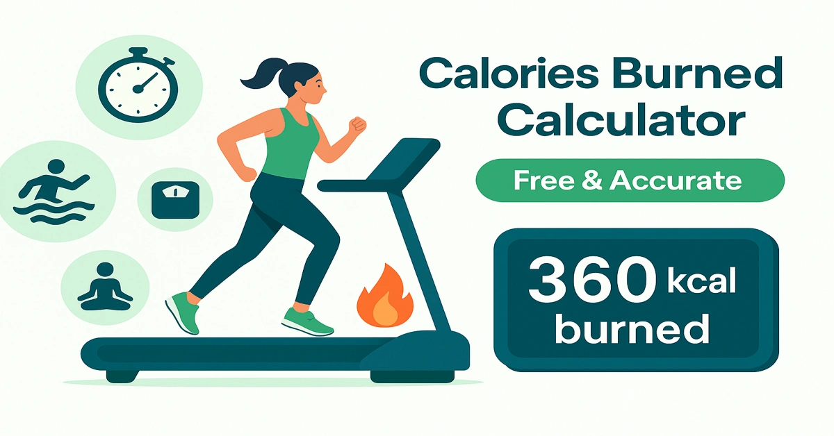 Calories Burned Calculator – person running on treadmill with 360 kcal burned display and fitness activity icons