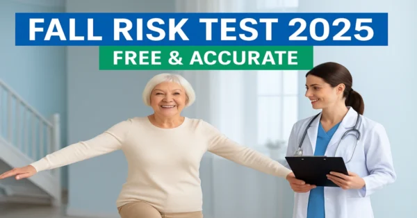 Elderly woman doing balance test with doctor support — Fall Risk Assessment Tool 2025 Free & Accurate