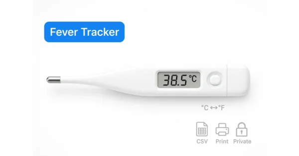 Fever Tracker & Temperature Log — digital thermometer showing 38.5°C on a white background with a Fever Tracker badge and small CSV, Print, and Privacy icons (°C↔°F).