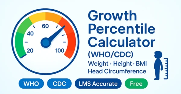 Growth Percentile Calculator (WHO/CDC) with percentile gauge and badges; weight, height, BMI, head circumference percentiles