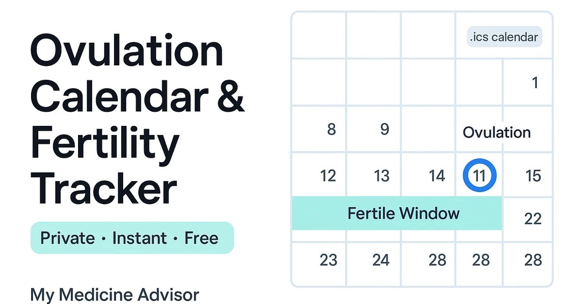 Ovulation Calendar & Fertility Tracker showing a highlighted 6-day fertile window and a circled ovulation day on a clean calendar