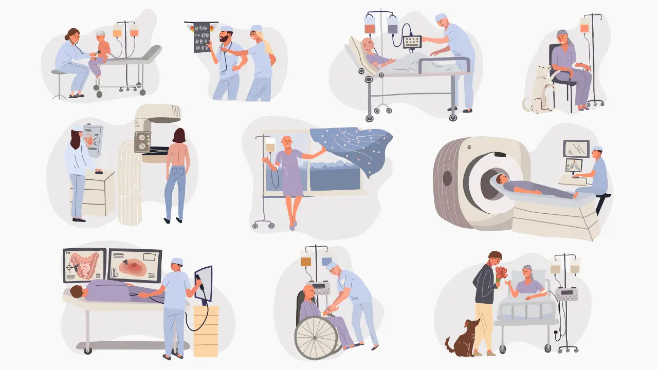 Infographic showing CT scan, MRI, PET scan, and biopsy process used for diagnosing mesothelioma cancer.