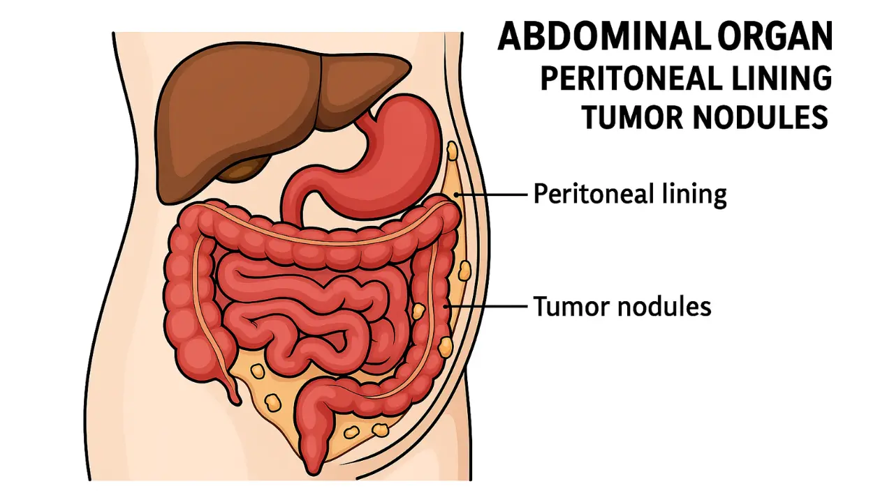 3D anatomical illustration showing peritoneal mesothelioma spreading across the abdominal lining and surrounding organs.