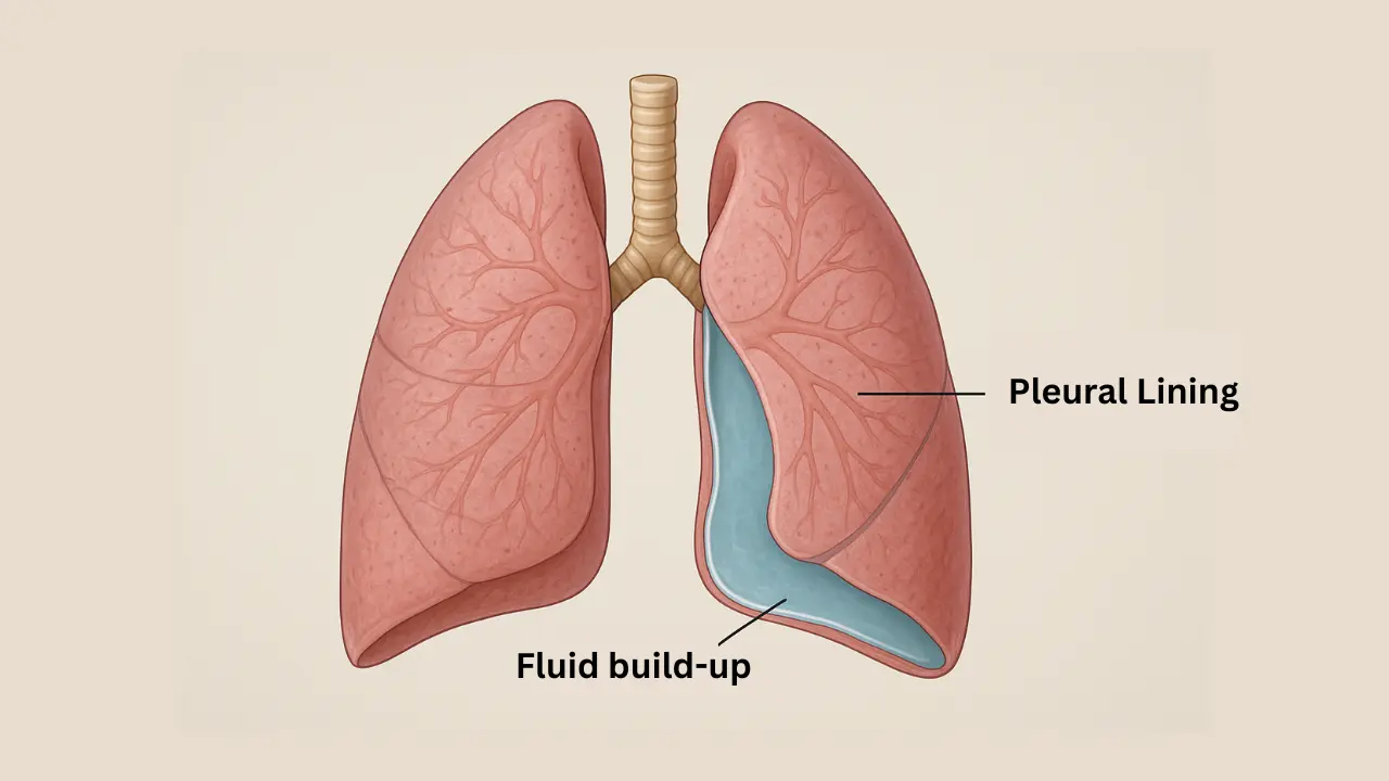 3D medical illustration of pleural mesothelioma showing tumor growth and pleural effusion around the lungs.