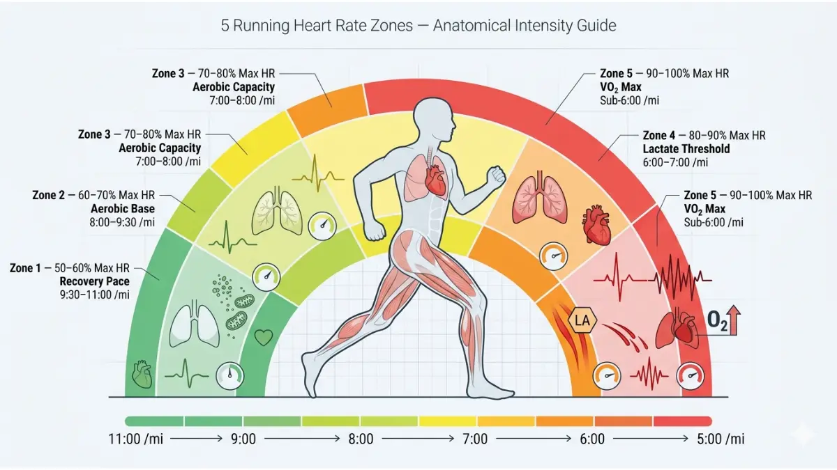 Pace Calculator illustrating 5 heart rate zones with anatomical runner mitochondria lactate and VO2 max