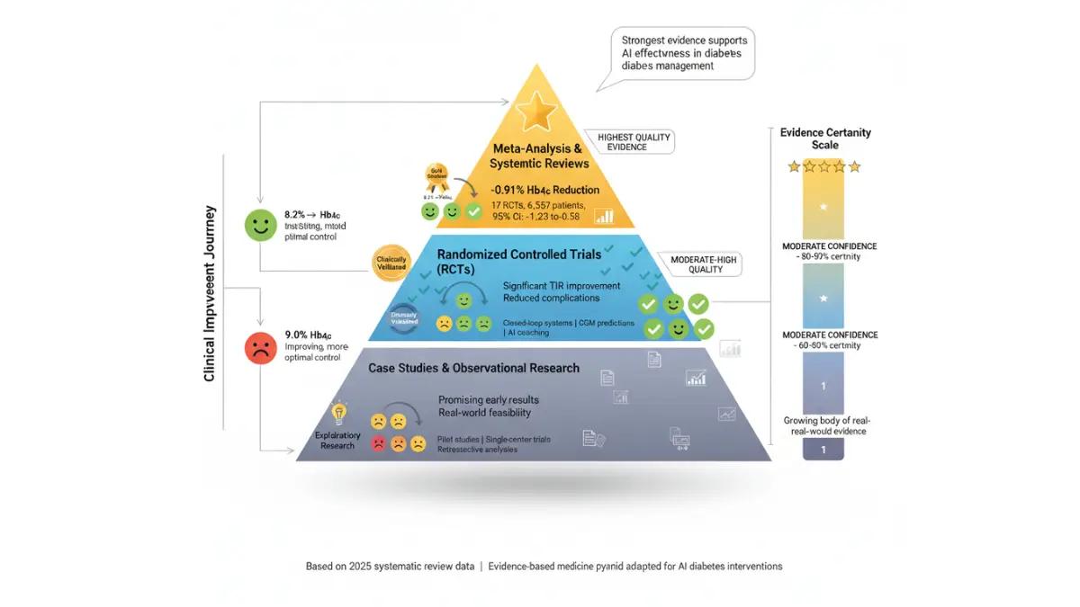 Evidence pyramid for AI diabetes tools showing meta-analyses, trials, and real-world studies