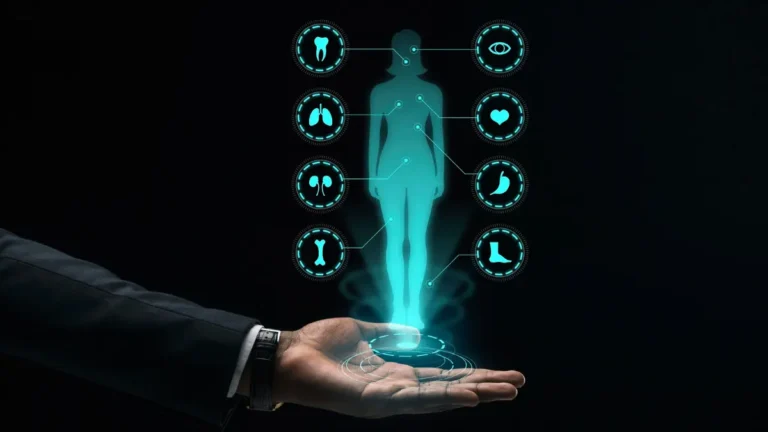 AI-powered hologram of human body showing multiple organ systems for personalized diabetes care