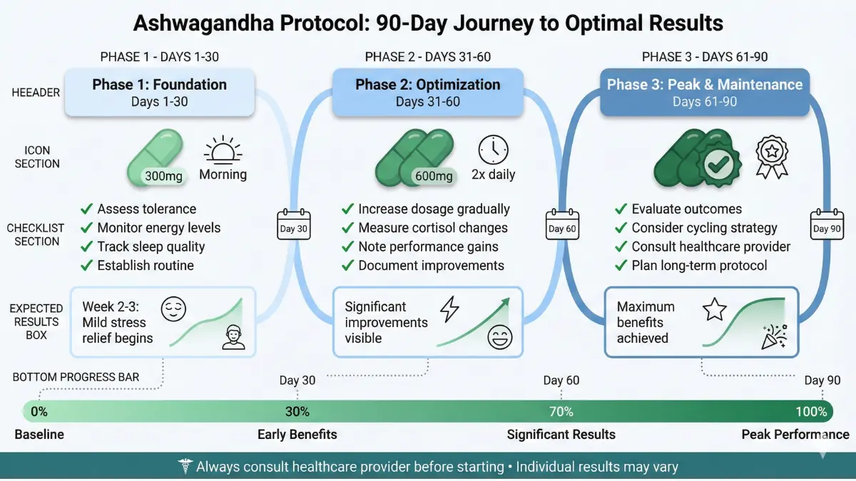 90-day ashwagandha protocol timeline showing foundation, optimization, and maintenance phases with dosage progression from 300mg to 600mg