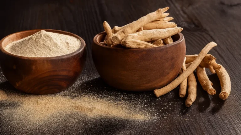 Ashwagandha root and powder in wooden bowls showing natural herbal supplement for stress relief and health benefits