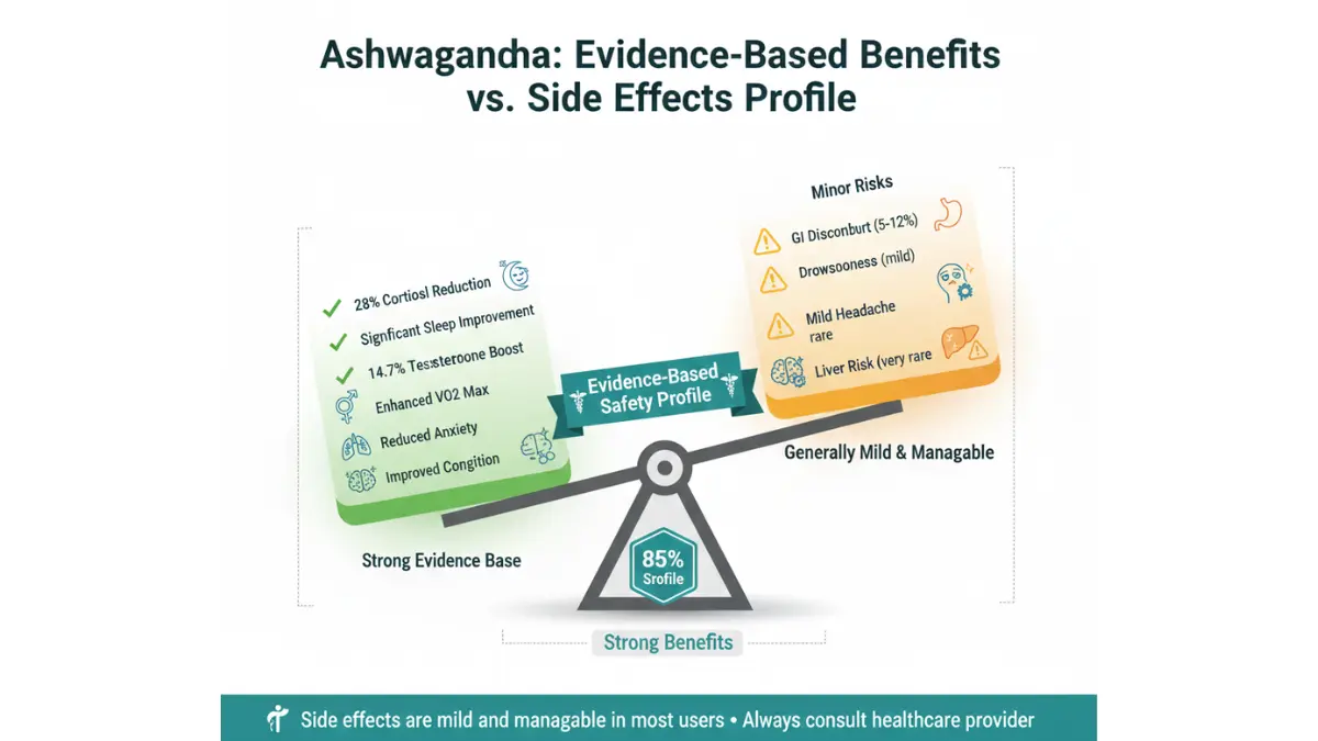 Medical comparison chart showing ashwagandha benefits outweigh side effects with only 5-12% users experiencing mild adverse reactions
