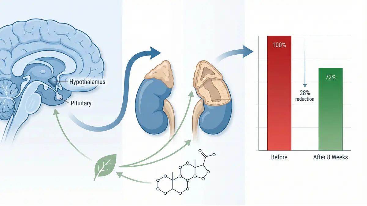 Medical diagram showing how ashwagandha reduces cortisol by 28% through HPA axis modulation in the brain and adrenal glands