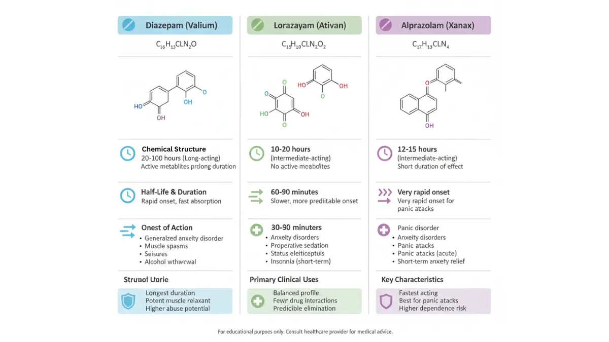 Infographic comparing diazepam, lorazepam, and alprazolam structures and uses