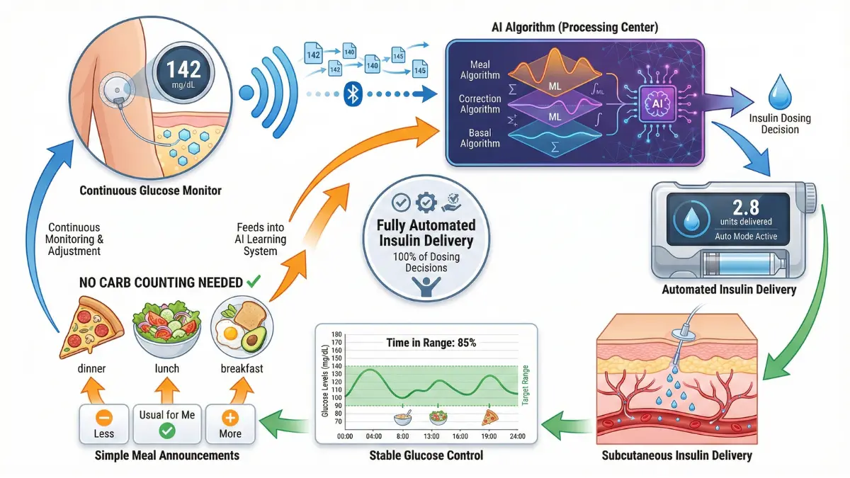 Closed-loop insulin delivery system diagram showing CGM, insulin pump, and AI controller for diabetes