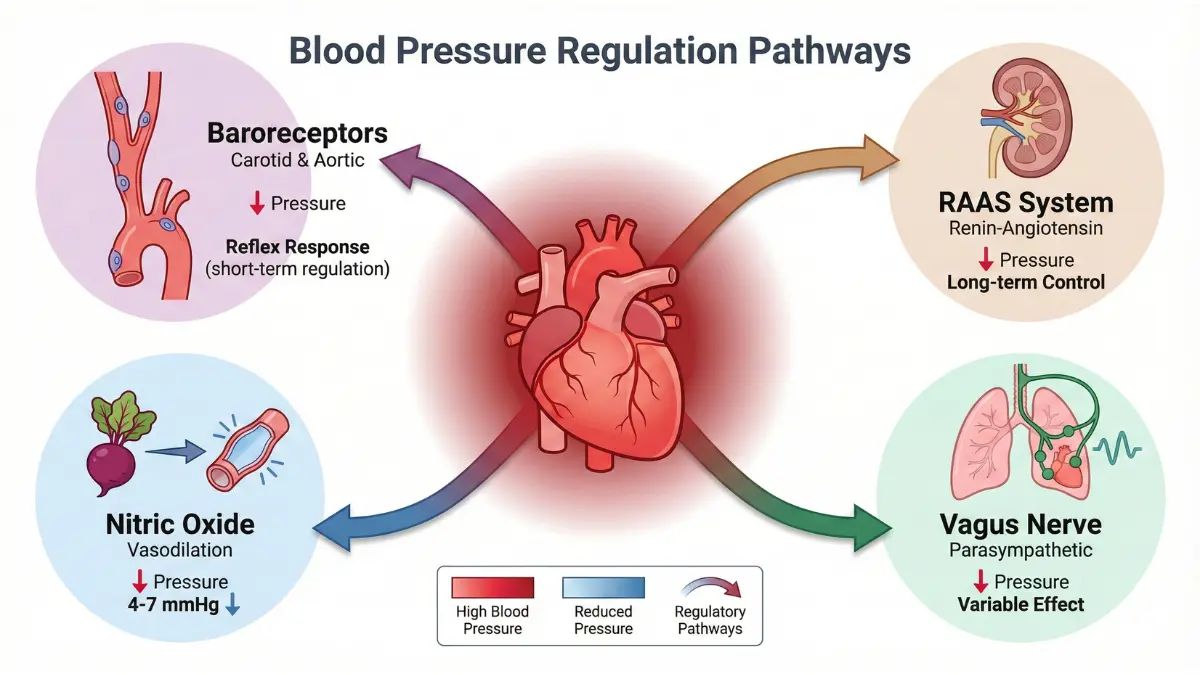 Vector diagram of physiological pathways that regulate blood pressure including baroreflex, RAAS and nitric oxide