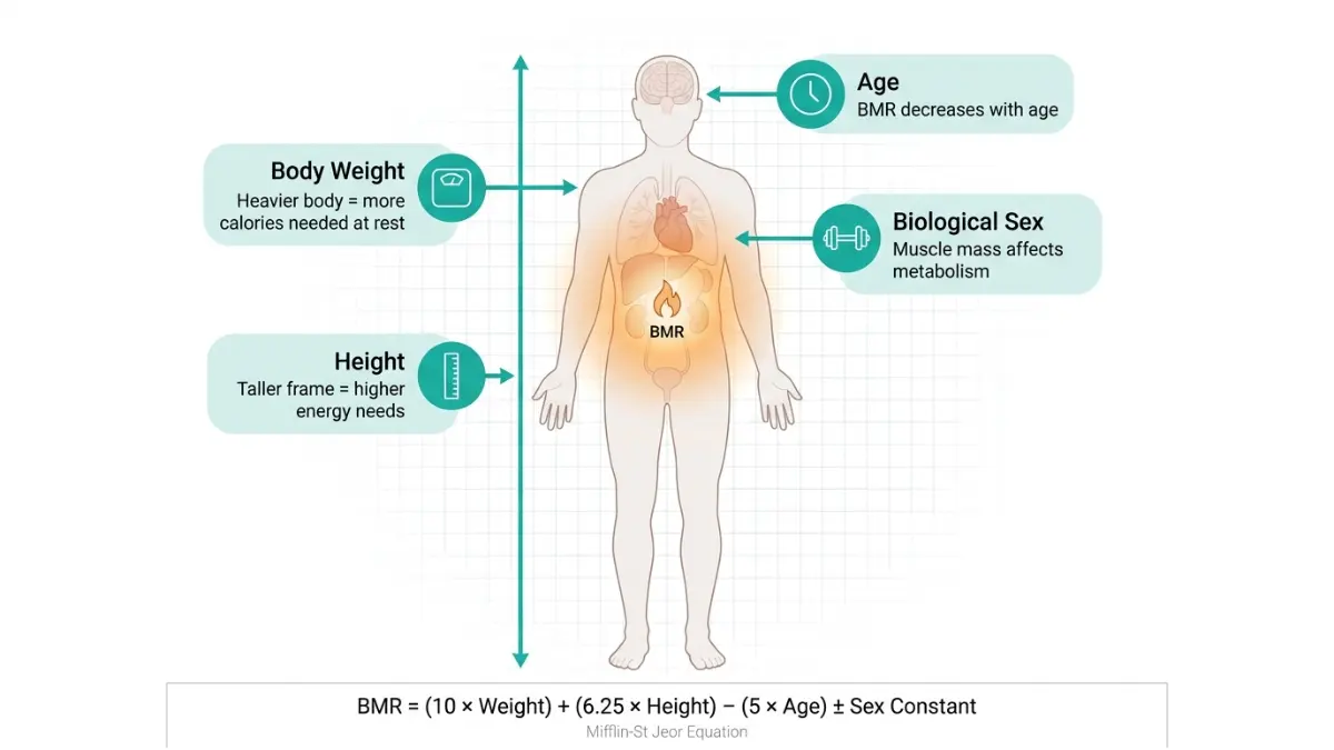 Medical anatomy diagram showing BMR variables including weight height age and sex for Weight Loss Calculator