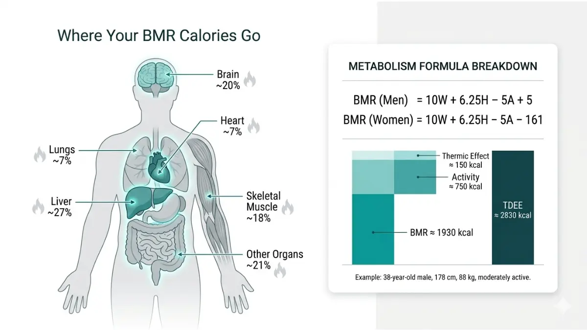 Medical anatomy diagram showing BMR organ energy distribution and Mifflin-St Jeor equation for TDEE calculation for a Calorie Deficit Calculator