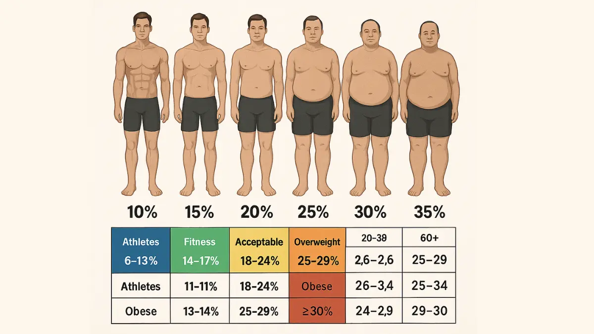 Body fat percentage chart for men showing visual appearance from 10% to 35% with health risk categories color-coded zones
