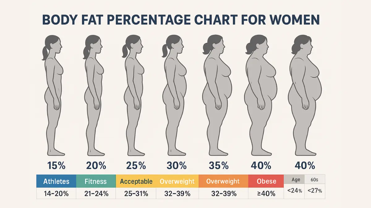 Body fat percentage chart for women showing visual appearance from 15% to 40% with health risk categories color-coded zones
