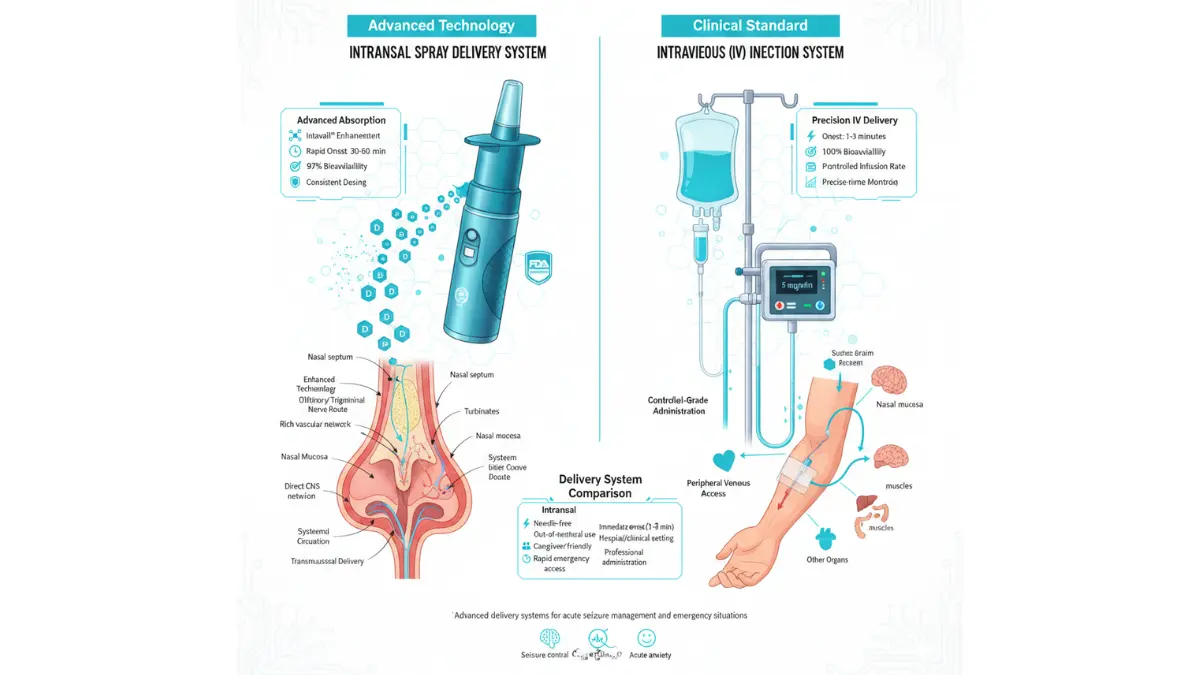 Vector illustration of diazepam nasal spray and injectable delivery methods