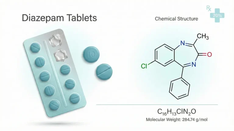 Vector illustration of diazepam pill and chemical structure