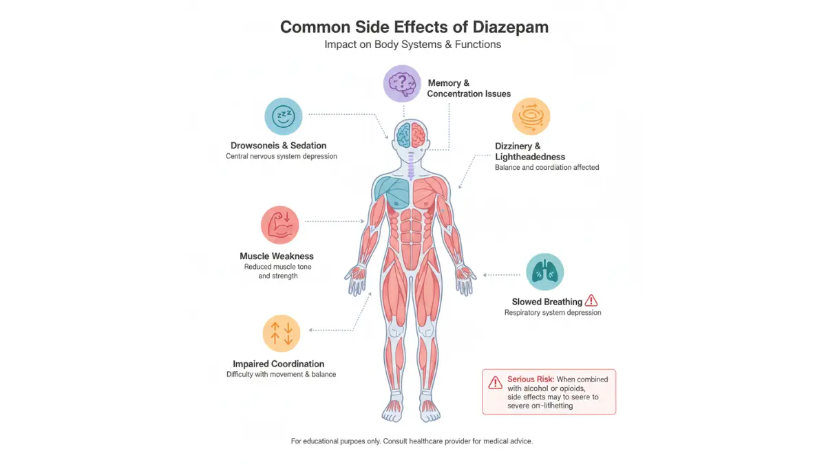 Vector human silhouette showing common diazepam side effects on brain and muscles