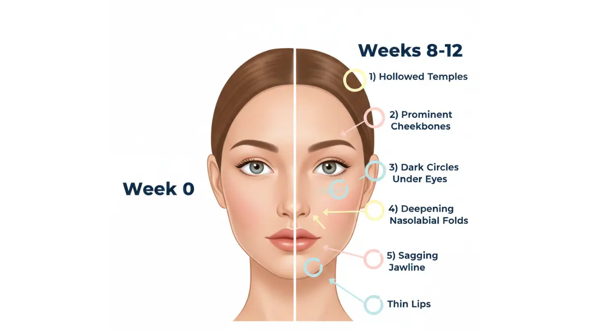 Early warning signs of Ozempic Face including sunken cheeks, hollow temples, prominent cheekbones, and dark under-eye circles