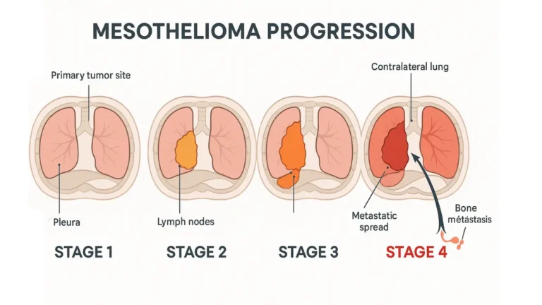 Medical diagram illustrating mesothelioma stages 1 through 4 with stage 4 metastasis to distant organs highlighted