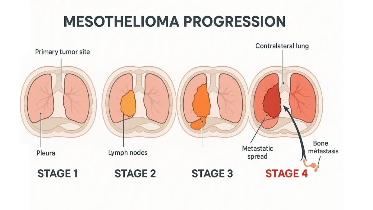 Medical diagram illustrating mesothelioma stages 1 through 4 with stage 4 metastasis to distant organs highlighted