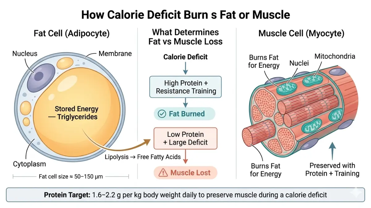 Fat cell vs muscle cell medical anatomy diagram showing adipocyte lipolysis and muscle preservation during a Calorie Deficit Calculator weight loss plan