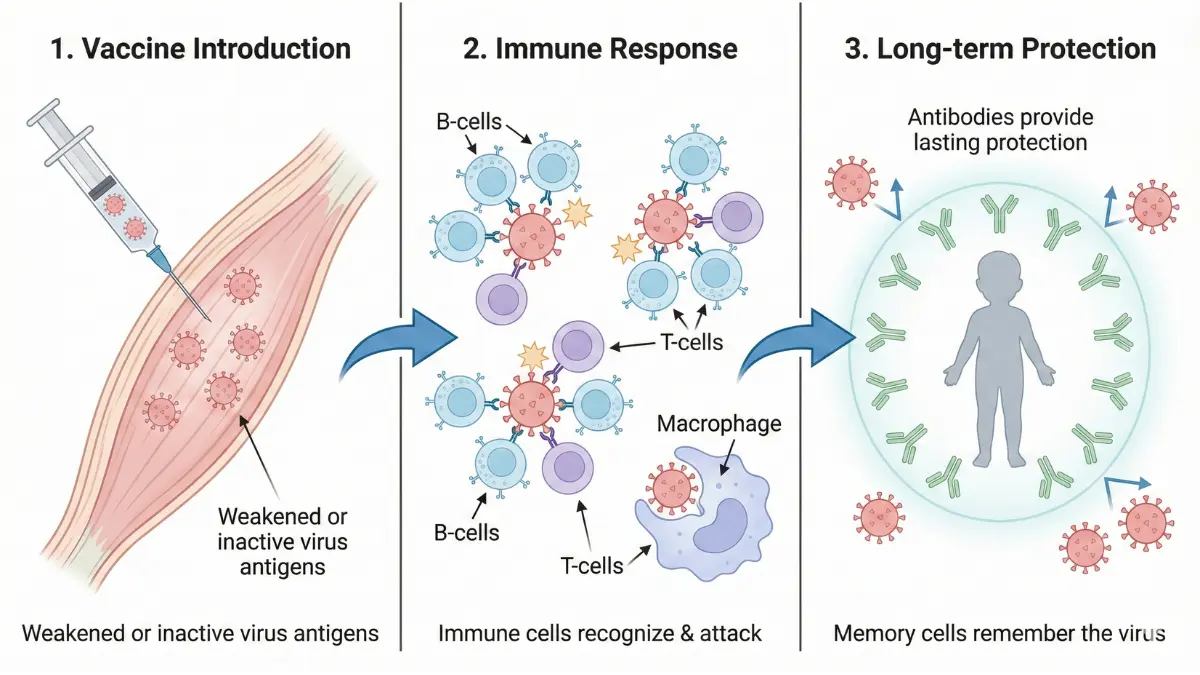 Medical diagram showing how vaccines work in children immune system from injection to antibody protection