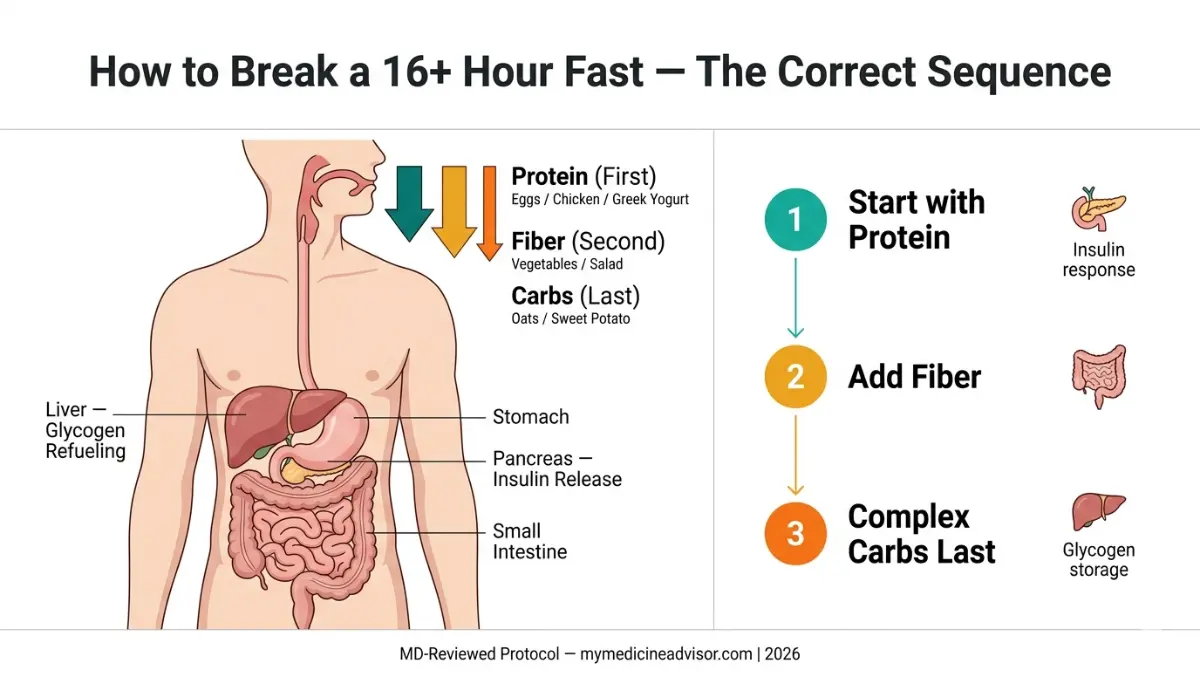 Intermittent Fasting Calculator guide showing correct meal sequence protein fiber carbs with digestive anatomy diagram