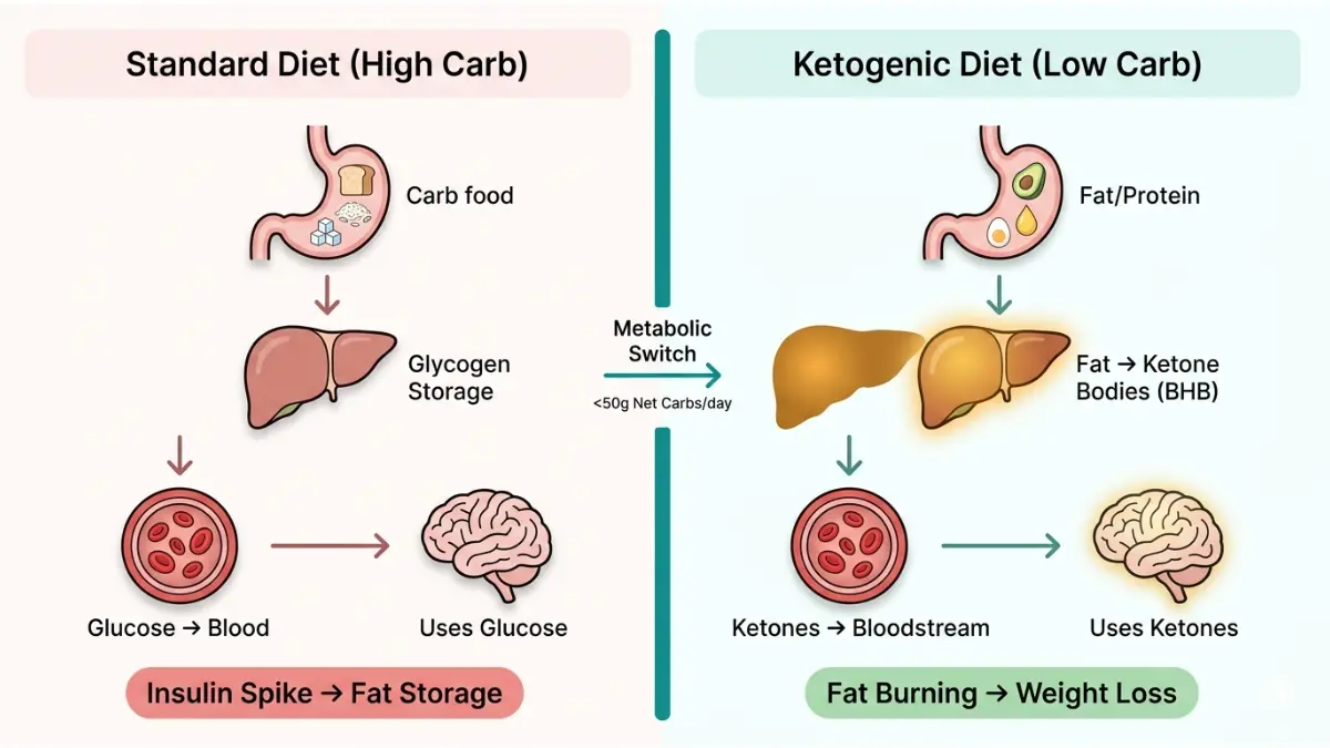 Keto Calculator medical diagram comparing glucose metabolism and ketosis showing how the body switches to ketone energy