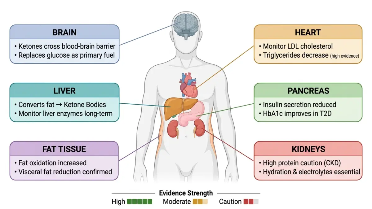 Keto Calculator medical anatomy diagram showing keto diet effects on brain heart liver pancreas kidneys and fat tissue