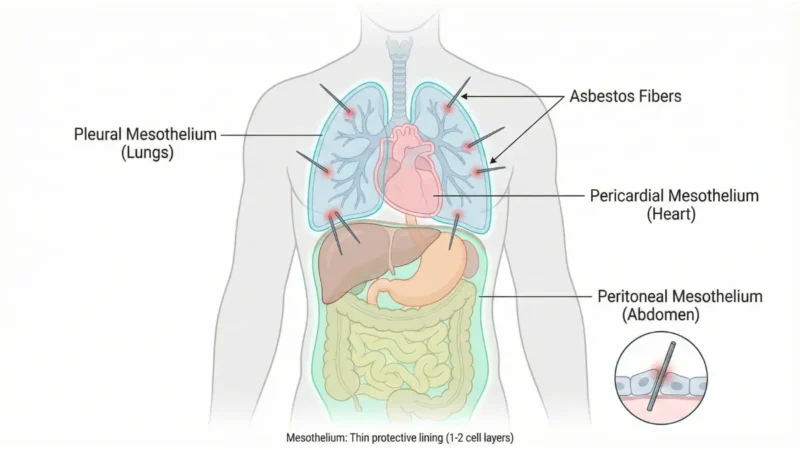 Vector illustration of human torso highlighting mesothelium and asbestos fibers