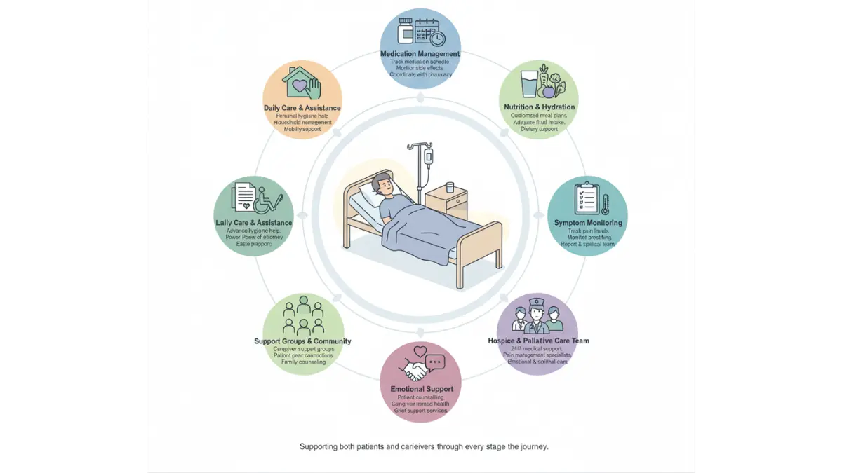 Medical illustration showing comprehensive caregiver support elements for end stage mesothelioma patients including medication management, nutrition, hospice care, and emotional support