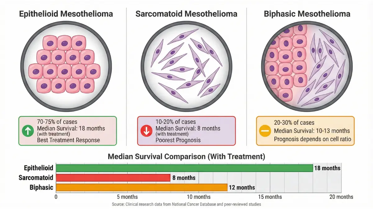 Medical illustration showing three mesothelioma cell types - epithelioid, sarcomatoid, and biphasic with survival rate comparisons and microscopic characteristics