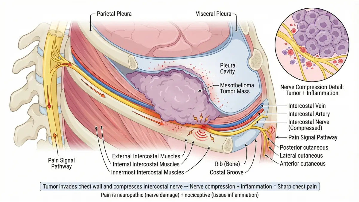 Vector medical diagram showing tumor invading ribs and intercostal nerves causing chest pain