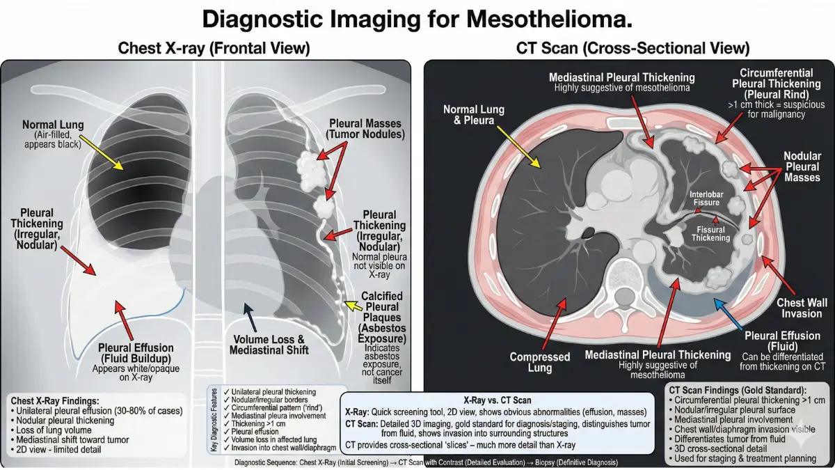 Vector schematic of chest X-ray and CT scan showing mesothelioma features