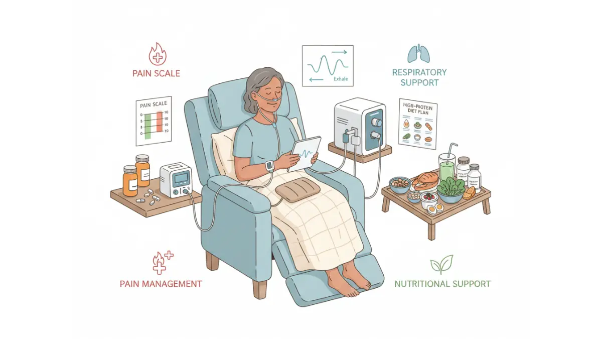 Vector illustration showing pain medication, oxygen therapy, and nutrition support for mesothelioma care