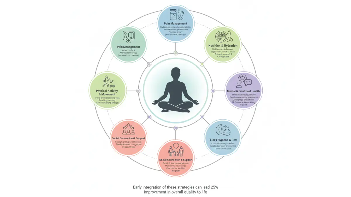Quality of life optimization diagram for advanced mesothelioma showing pain management, nutrition, mental health, sleep hygiene, and social support strategies in wellness wheel format