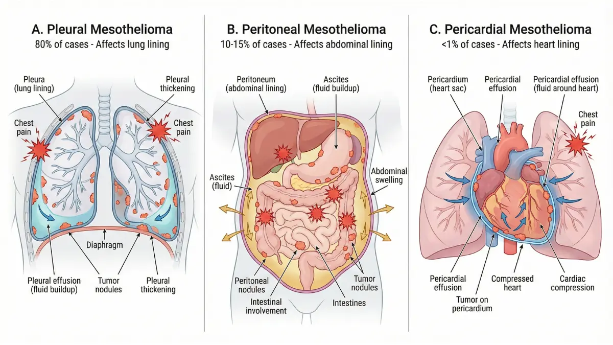 Medical vector illustration comparing three types of mesothelioma - pleural, peritoneal, and pericardial with anatomical locations and symptoms