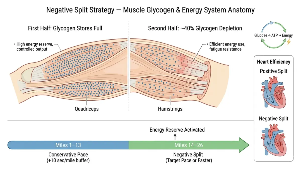 Pace Calculator explaining negative split running glycogen depletion and muscle energy anatomy