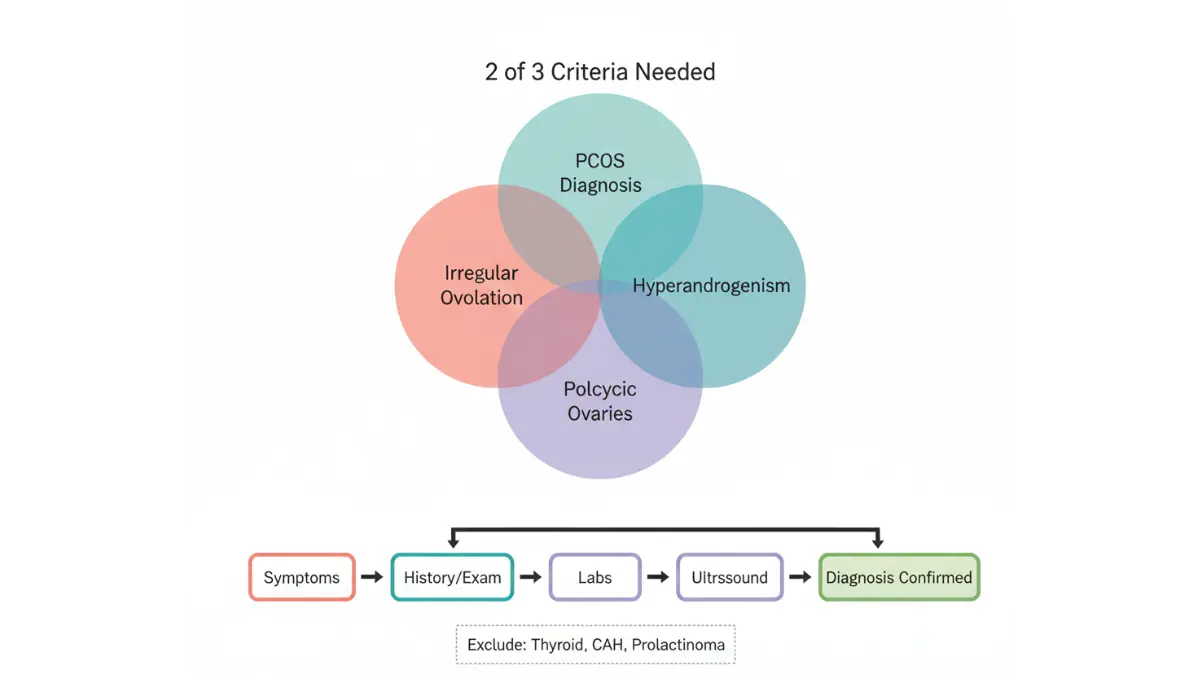 Medical vector Venn diagram and diagnostic flowchart showing Rotterdam criteria for PCOS diagnosis.