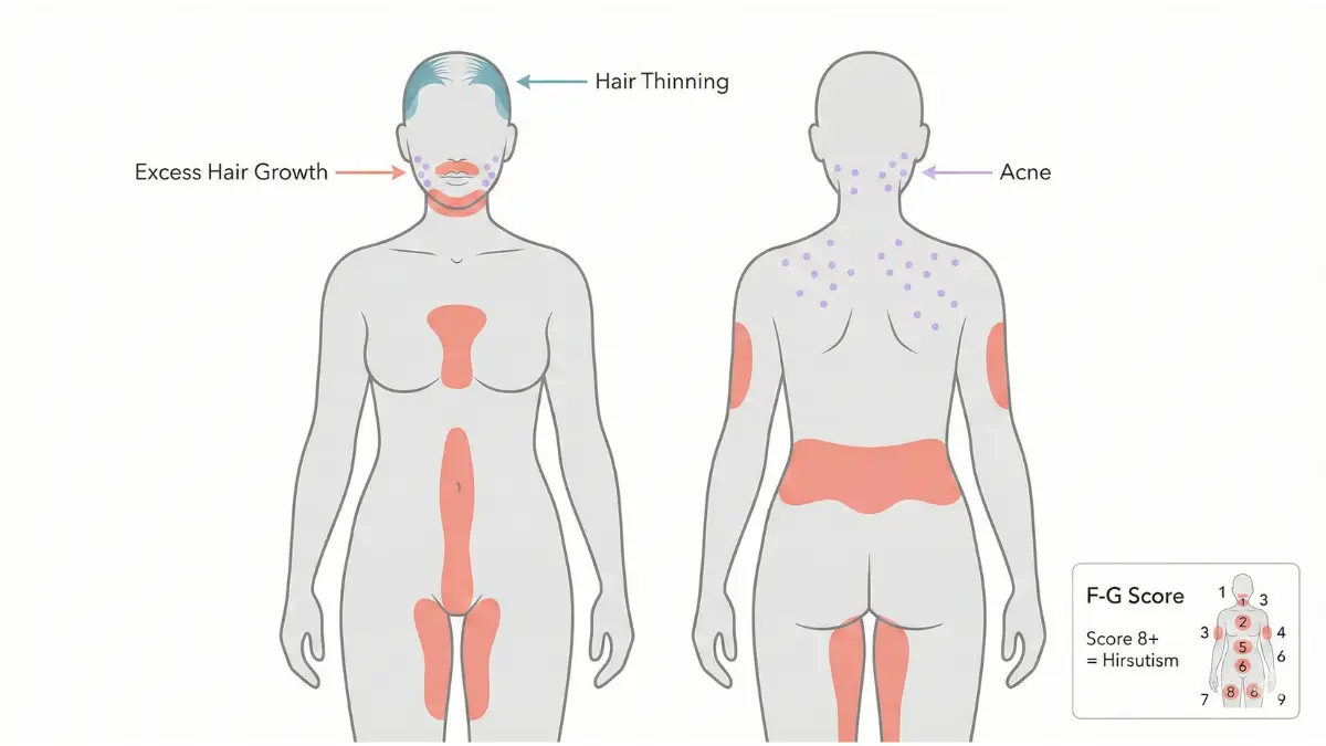 Medical vector diagram showing female body highlighting areas affected by hirsutism, hair loss, and acne in PCOS.