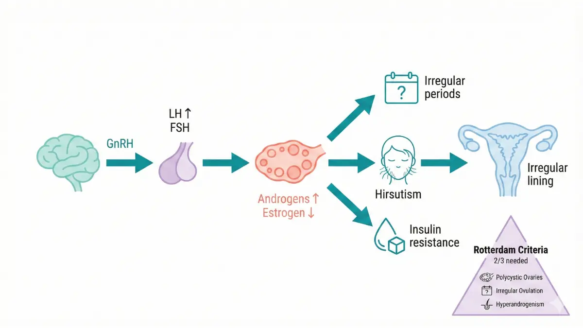 Medical vector flowchart diagram showing PCOS hormone imbalance affecting periods and androgens in women.