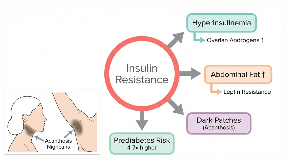Medical vector diagram showing insulin resistance cascade, abdominal fat gain, and metabolic risk factors in women with PCOS.